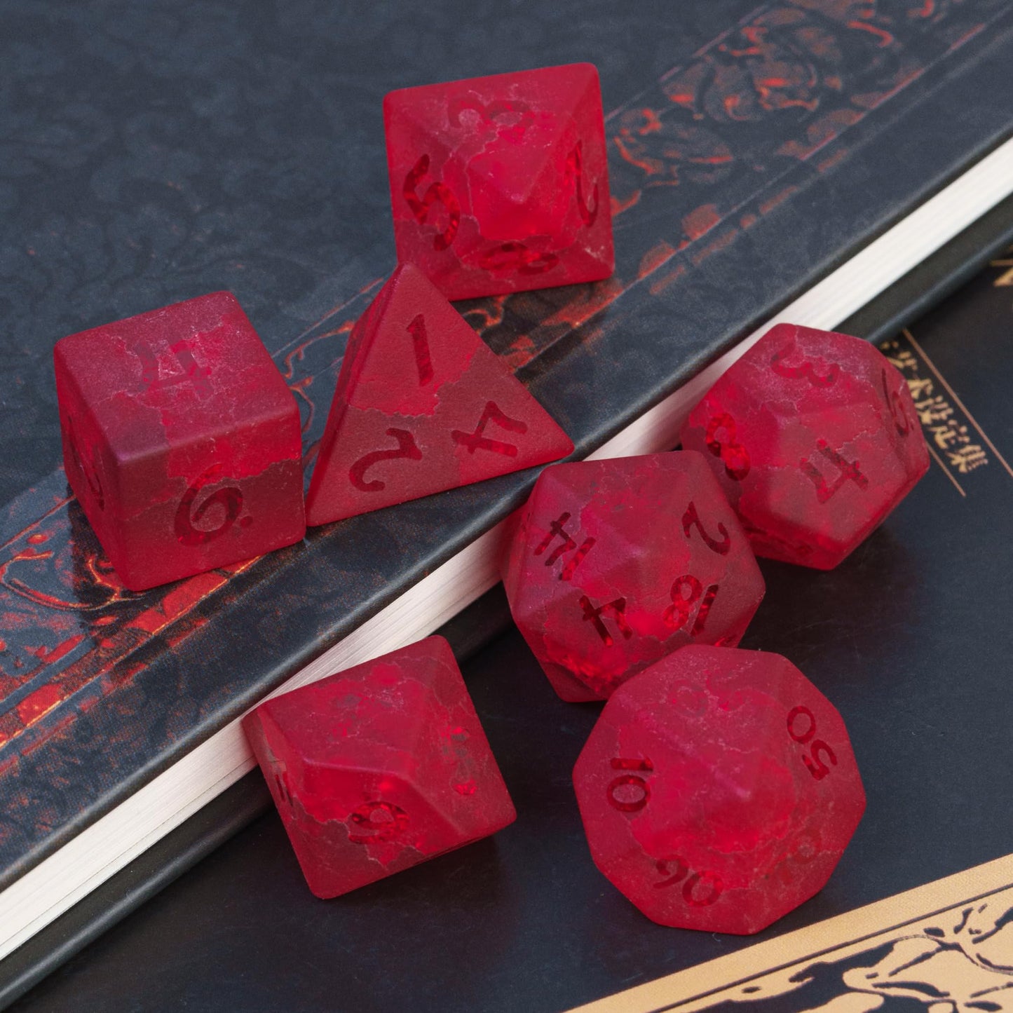 UDIXI Red Cracked Glass Dice Set D&D, 7 Piece Glass Polyhedral DND Dice for Dungeons and Dragon Tabletop Game