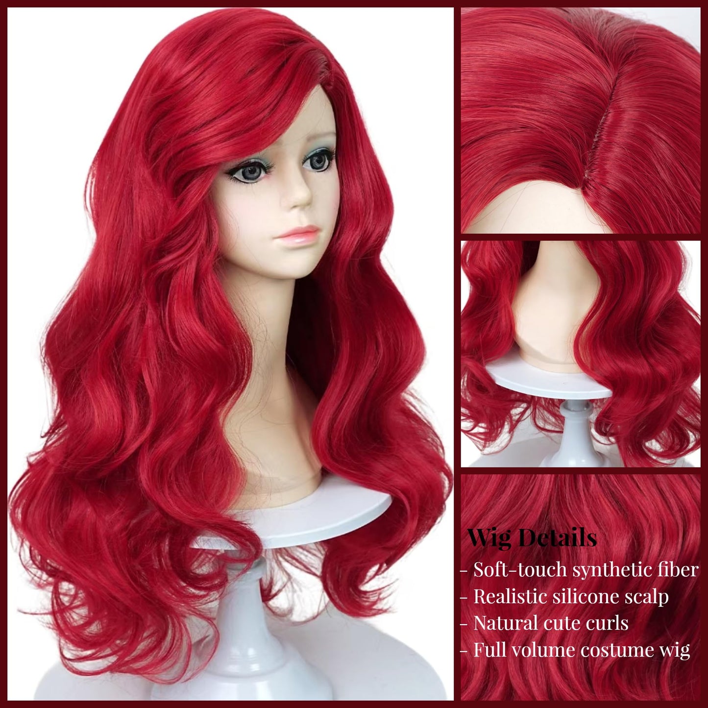 Mermaid Wigs For Kids Girls Long Dark Red Curly Kids Mermaid Wig With Starfish Hair Clips Wave Heat Synthetic Fiber Hair For Chi