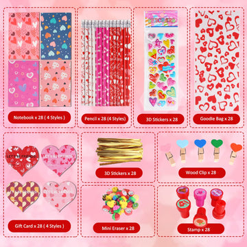 Cakka Valentines Day Gifts For Kids, 28Pack 252Pcs Classroom Exchange Stationery Gift Set With Cards Pencils Erasers Notebooks Stamps Clips Stickers Goodie Bags, Class School Gifts For Valentine’S Day