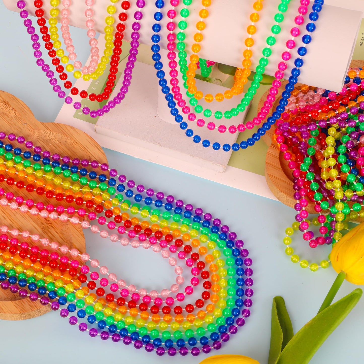 EOBOH 100PCS Mardi Gras Beads, Metallic Colorful Glow in The Dark Bead Necklaces, 33 Light up Neon Necklace for Costume Party Fa