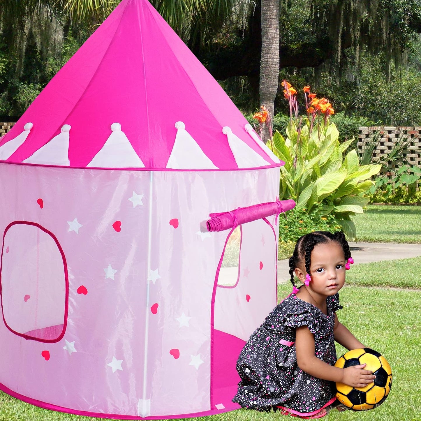 Princess Castle Play Tent With Glow In The Dark Stars, Foldable Pink Pop Up Kids Tent Playhouse Toys, For Indoor Outdoor Toddler