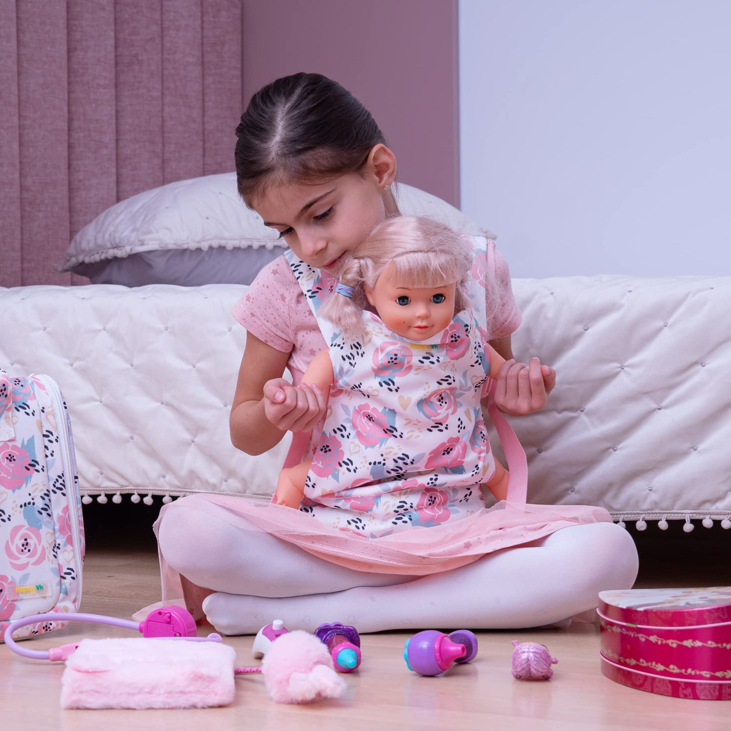 Happyvk Baby Doll Carrier For Little Girls Kids Toy Baby Carrier For Reborn Baby Doll Accessories Pink Roses