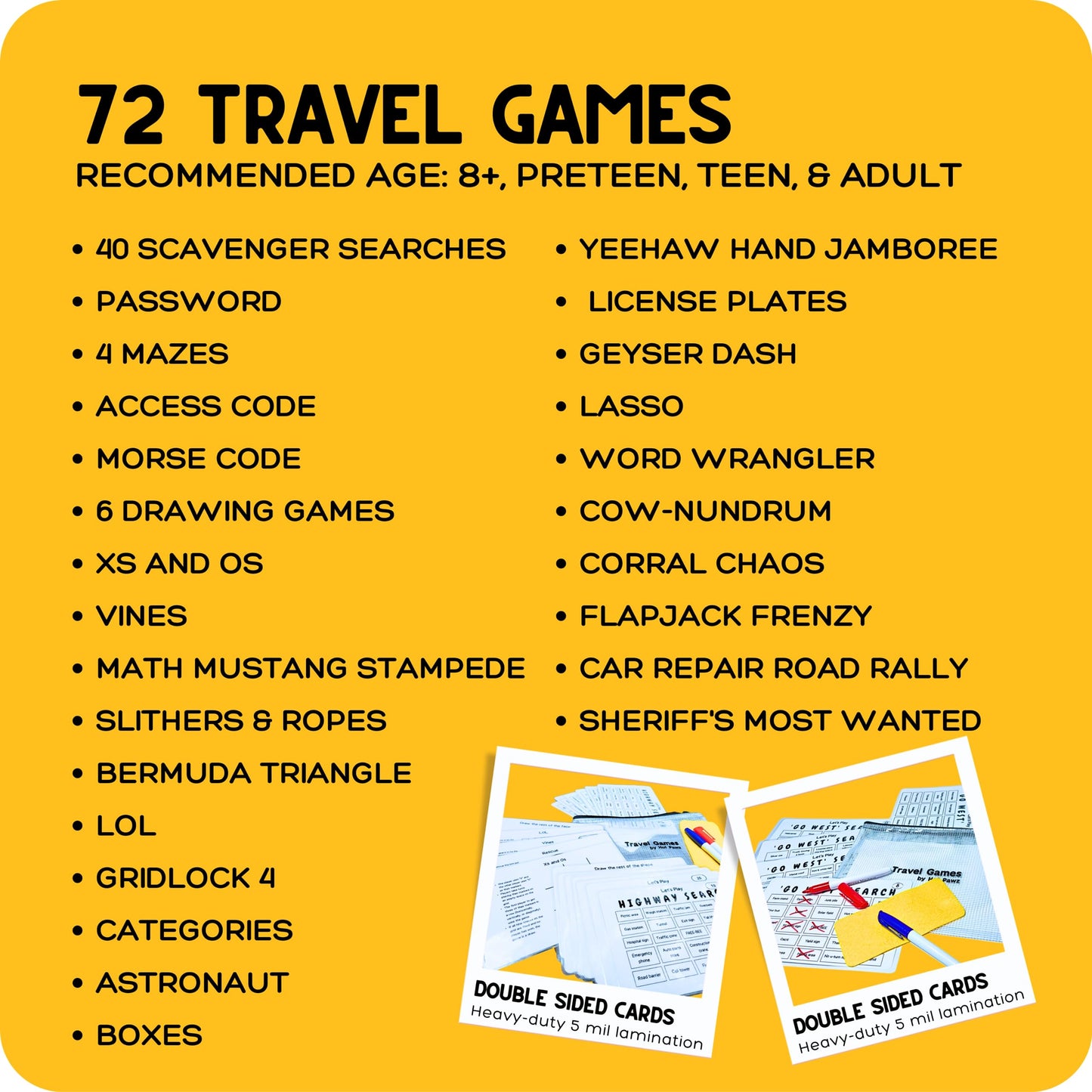 Travel Games For Families: Bundle: Highway & Go West, 72 Unique Games, Reusable Laminated Cards with Dry Erase Markers, Kid Scav