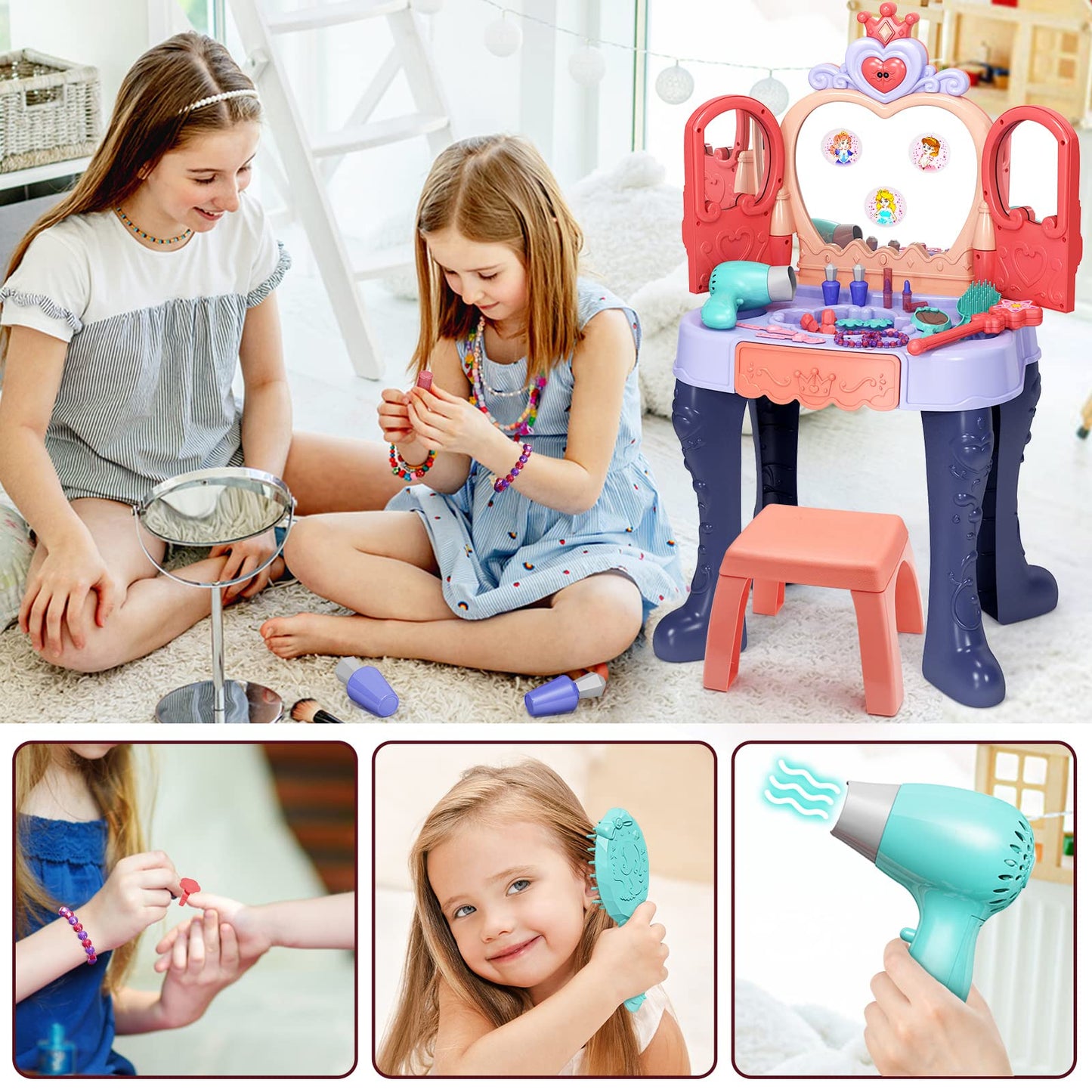 Eohemeral Toddler Vanity Makeup Table With Mirror And Chair, Open Doors By Gestures,Toddler Kids Vanity Set With Music Sound & L