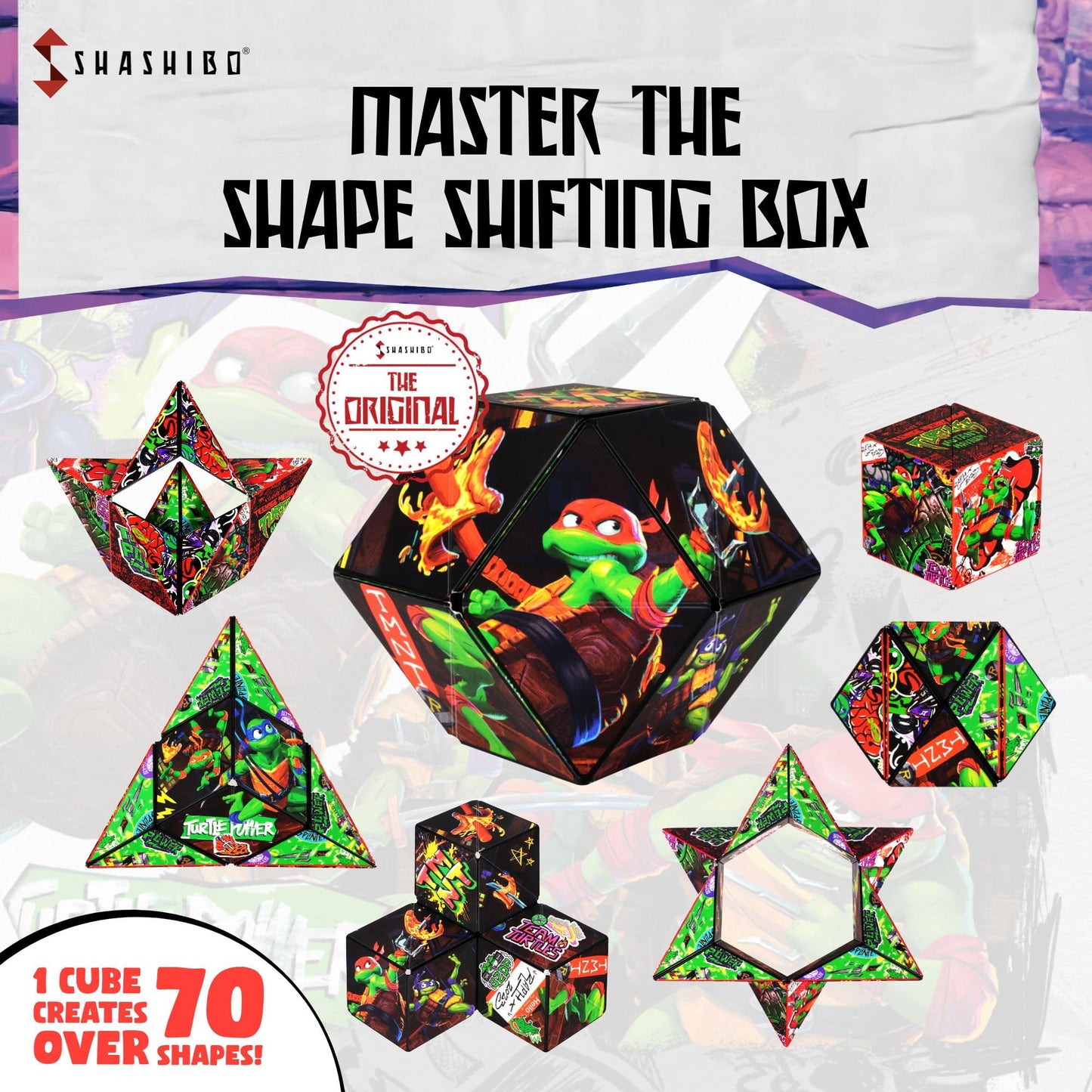 Shashibo Ninja Turtles Shape Shifting Box - Award-Winning, Patented Fidget Box W/ 36 Rare Earth Magnets - Transforms Into Over 70 Shapes (Raphael Series 1)