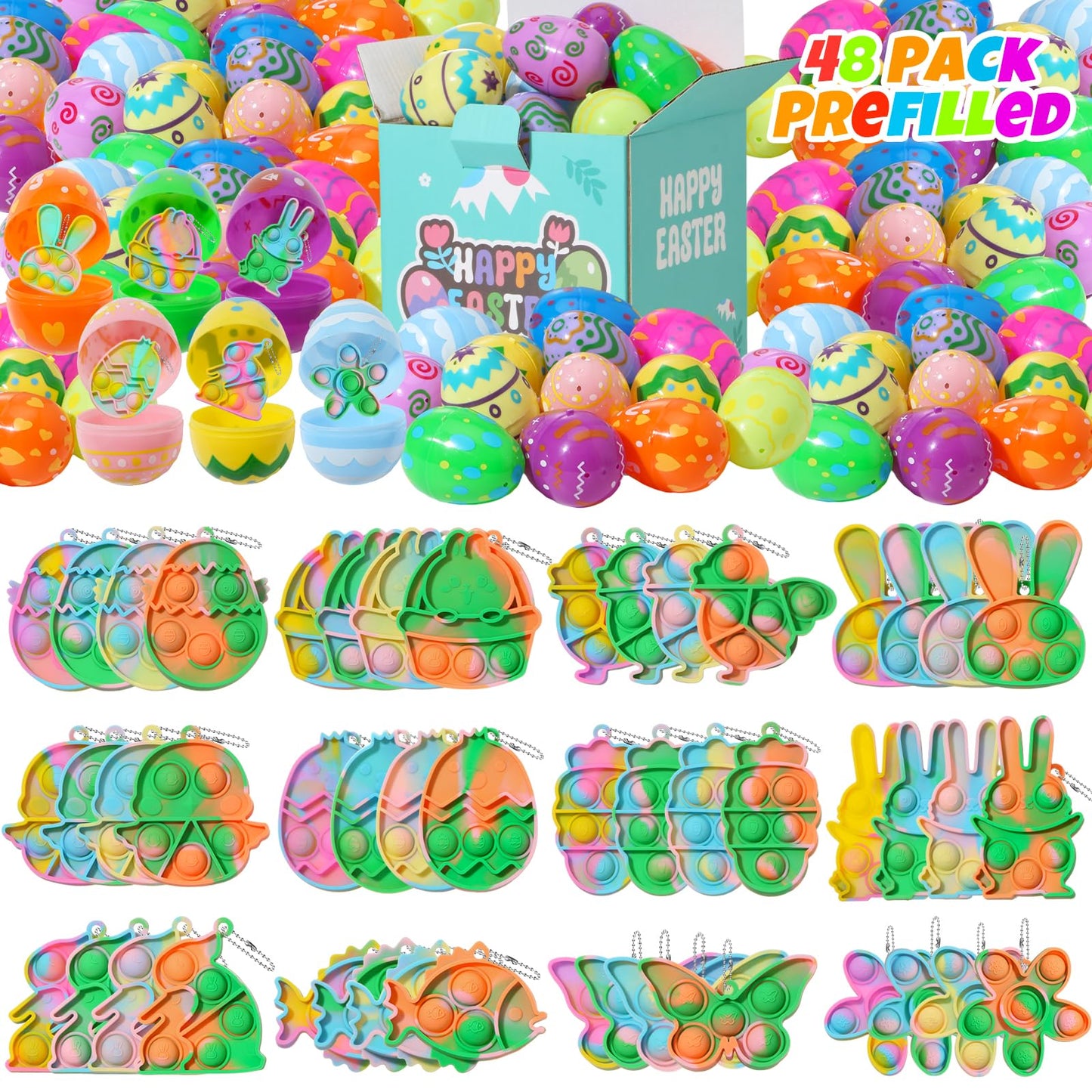 Meadin 48 Pack Prefilled Easter Eggs With Toys Inside Pop Keychain - Pre Filled Easter Eggs Bulk With Fidget Toy Easter Basket S