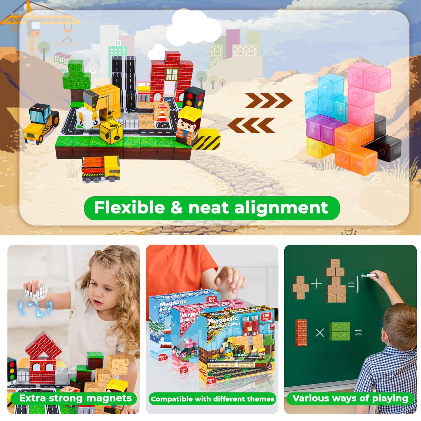 Annexfun Magnetic Blocks-100Pcs Magnetic Building Blocks, Magnetic Blocks Road With Car Stem Toddler Kids Toys, Construction Toys For Kids Ages 3+, Christmas Birthday Gifts For Boys & Girls