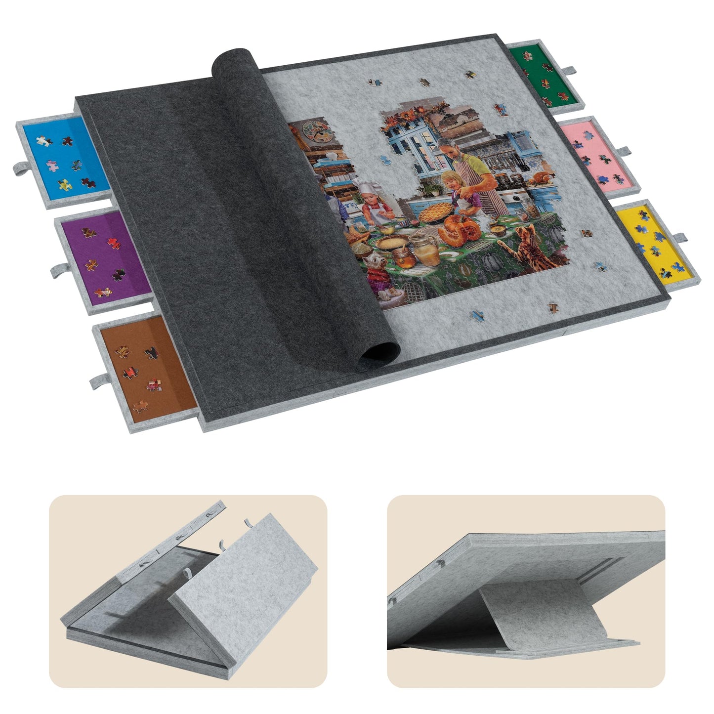 Tektalk 2000 Piece Foldable Jigsaw Puzzle Table with Cover, 3-Tilting-Angle Plateau, Lightweight Portable Felt Puzzle Board with
