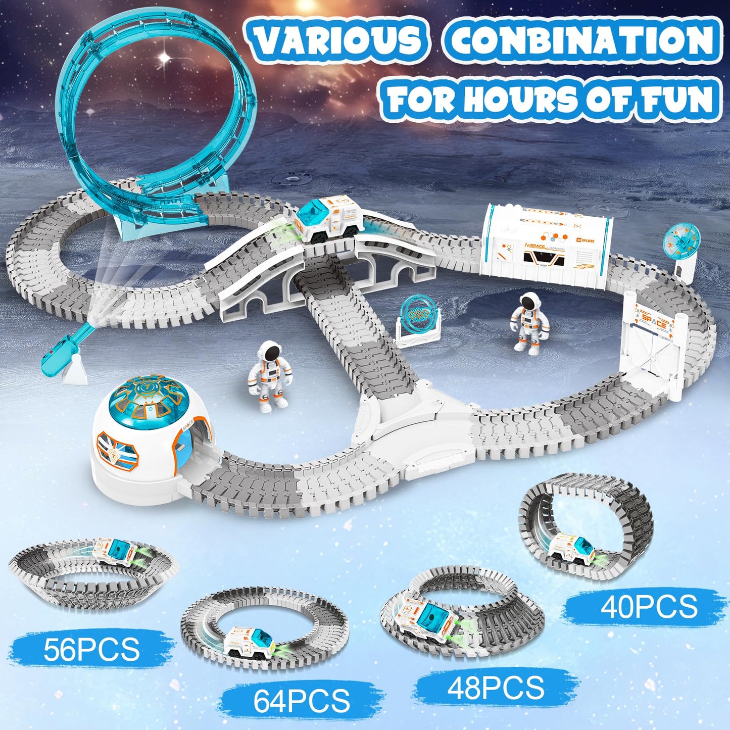KIZJORYA Construction Race Track, Space Train Track Set, 205 PCS DIY Flexible Tracks Play Set for Boys 4-7 with Light up Space C