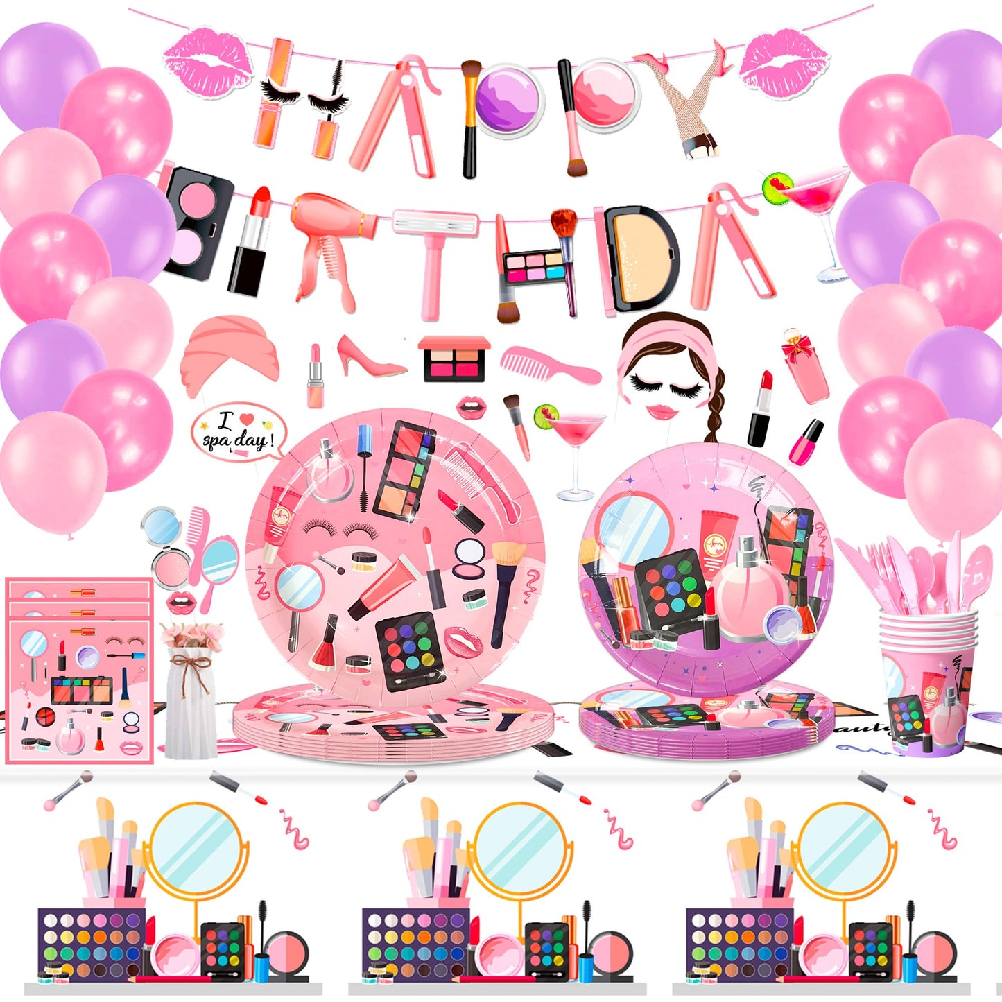 Makeup Birthday Party Supplies,165pcs Spa Party Decorations Set-Makeup Theme Party Decoration Plates Cups Napkins Banner Balloon