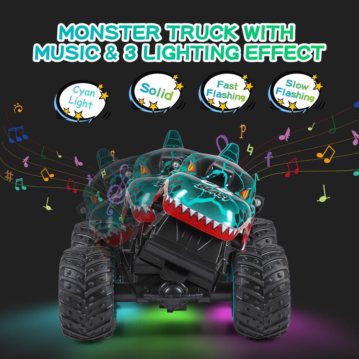 Dyodyorc Remote Control Car, 2.4Ghz All Terrain Dinosaur Monster Truck Toys, Rc Truck With Music, 3 Lighting Effects, 360 Stunt