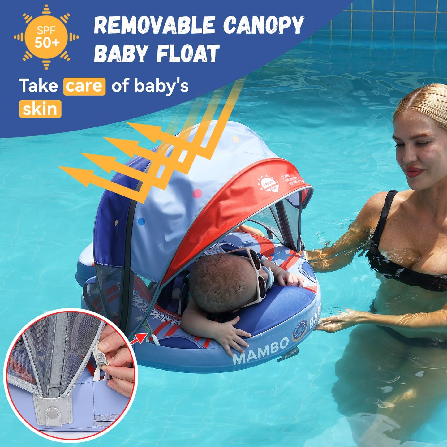 GENTEACO Mambo Baby Pool Float with Removable Canopy 3-24 Months Baby Float Soft Waterproof Infant Swim Float Add Tail Avoid Fli