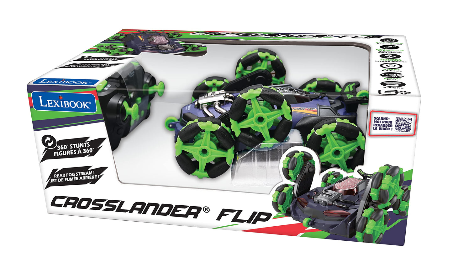 Lexibook Crosslander Flip, Remote Control car, up to 8km/h, 360 Figure, Sound and Light Effects, Smoke Jet, 6 Wheels, Rechargeab