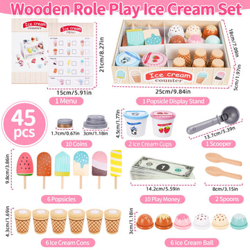 Wooden Ice Cream Toys for Toddlers 3-5, Kids Wooden Toys Play Kitchen Accessories, Play Food Sets for Kids Kitchen, Pretend Play