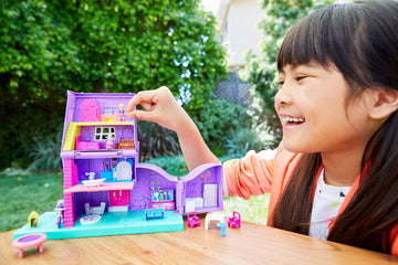 Polly Pocket Doll House With Micro Doll, Toy Bike & Furniture Accessories, Transforming Pollyville Pocket House Playset