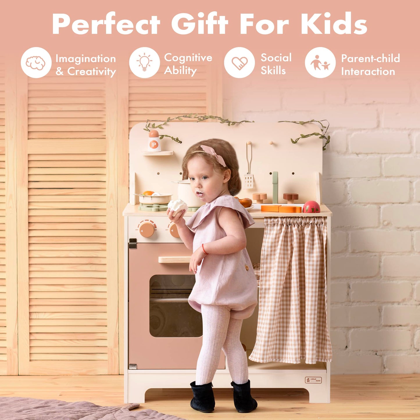 ROBOTIME Kids Play Kitchen Set - Rustic Wooden Kitchen Sets, Pretend Play Kitchen with Leaf Light String, Apron, and Groves, for