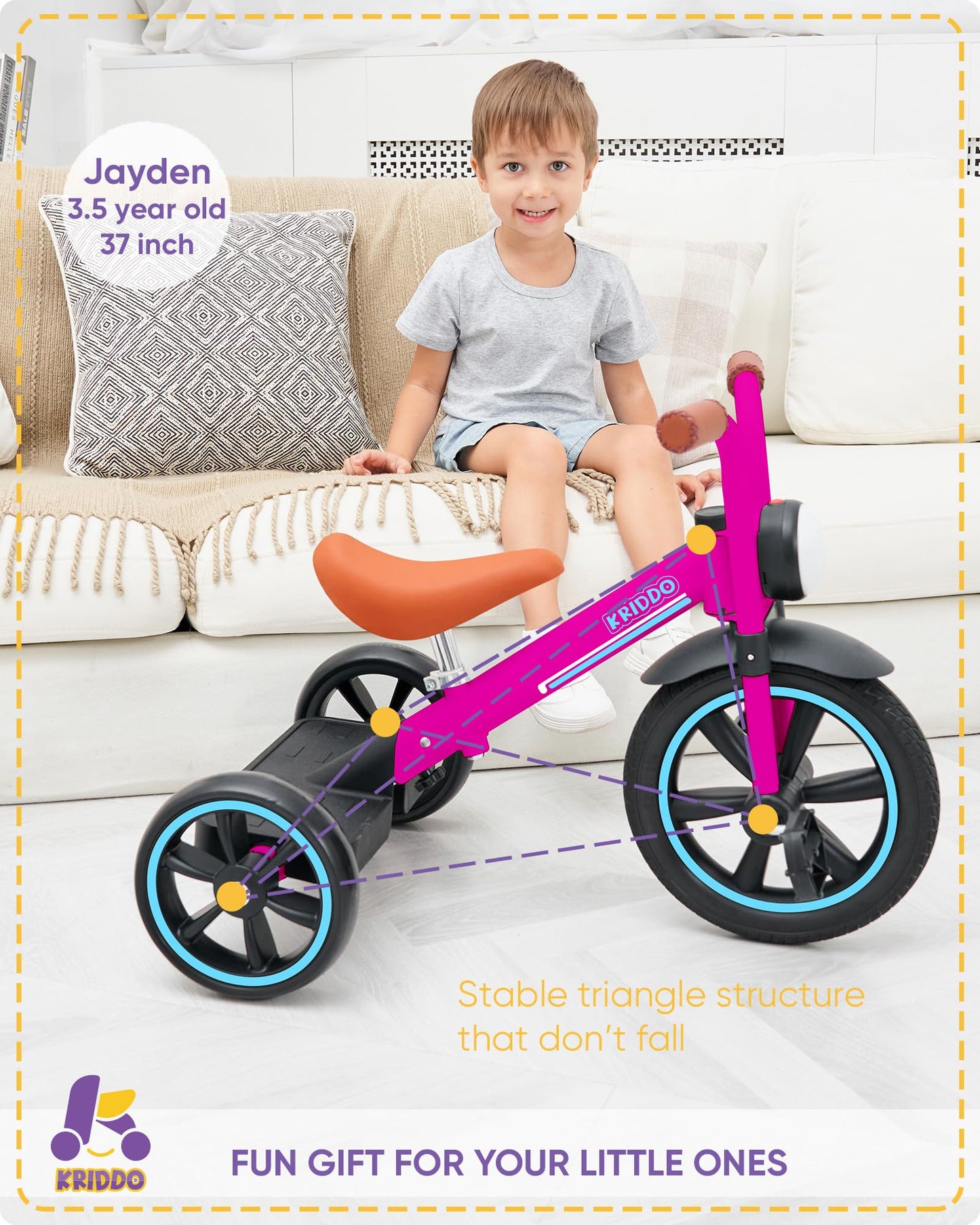 KRIDDO Kids Tricycle, 12 Inch Puncture Free Rubber Wheel w Front Light, Adjustable Seat Height, Gift for 2-5 Year Olds, Pink