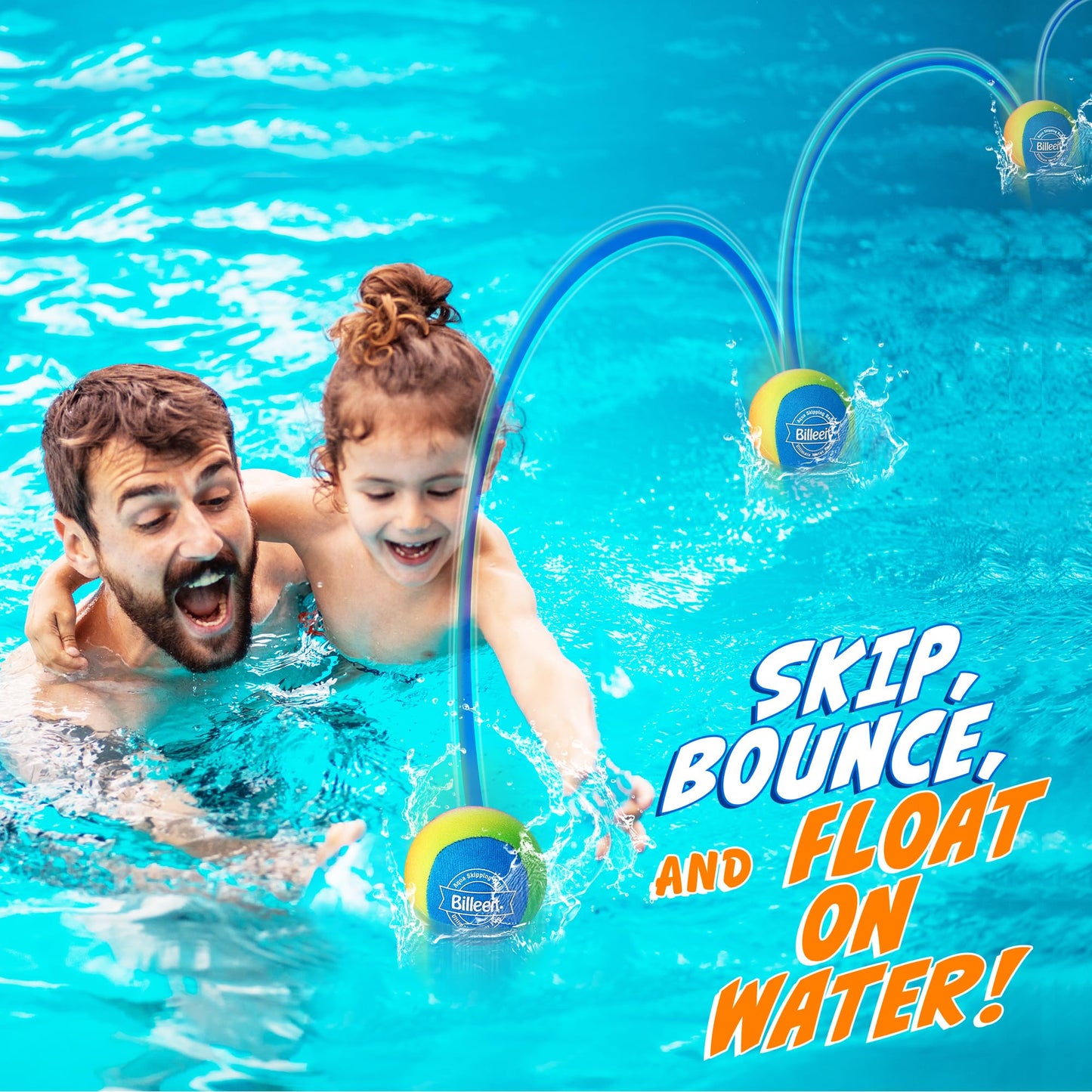 Billeeit 5Pcs Water Skipping Balls for Pool Play, Rainbow Color Splash Water Bouncing Balls with Portable Mesh Bag, Fun Beach To