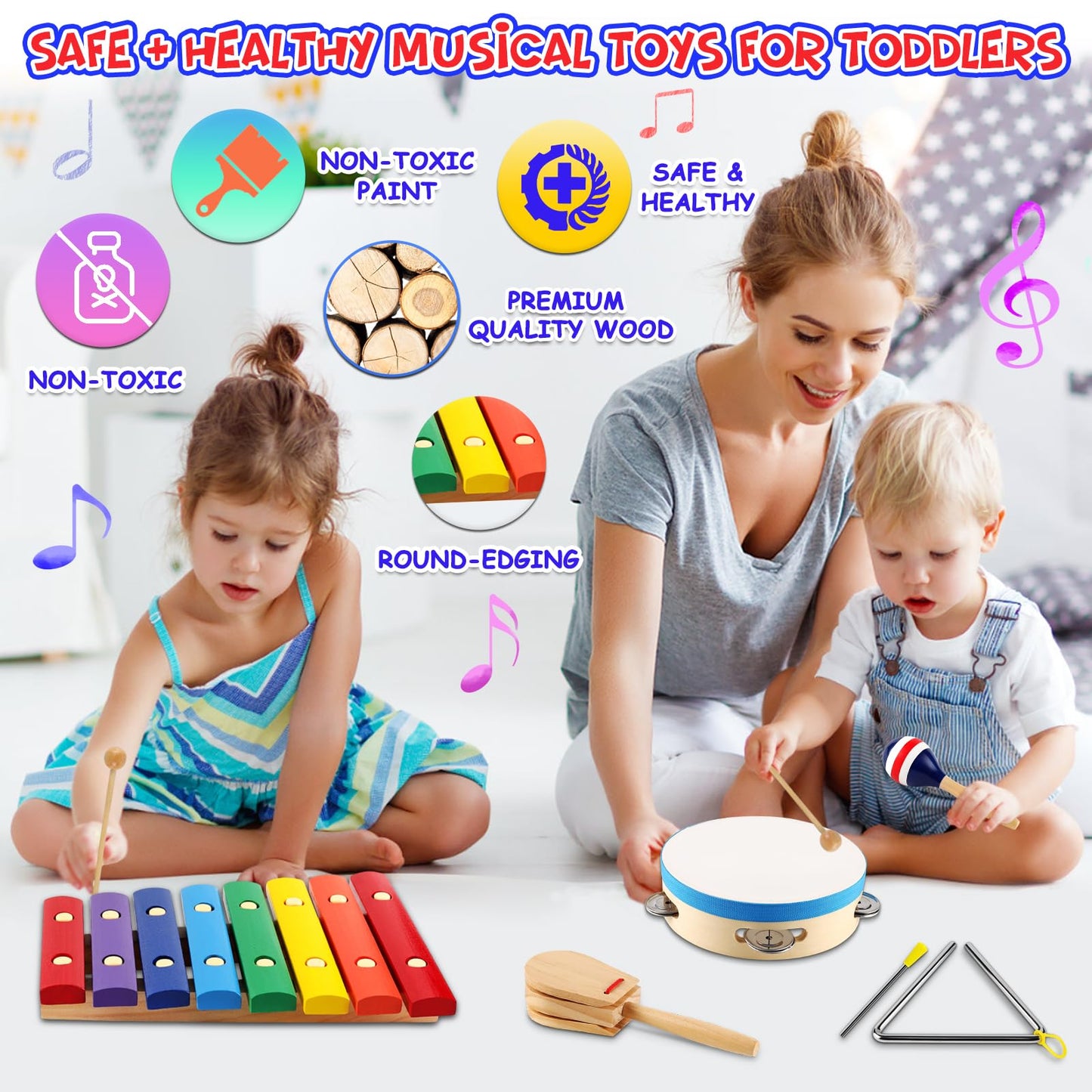 Looikoos Baby Musical Instruments Montessori Wooden Toys For Toddlers 1-3,Percussion Instruments Set For Kids Preschool Educational Musical Toys For Boys And Girls Gifts