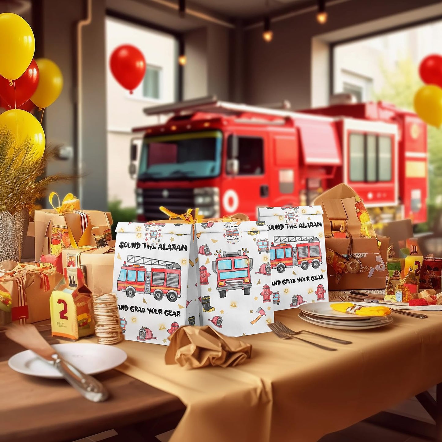 Hapibidesign Watercolor Firetruck Party Favor Bags - 24 Pcs Firetruck Party Candy Bags With Stickers - Firetruck Goodie Gift Tre