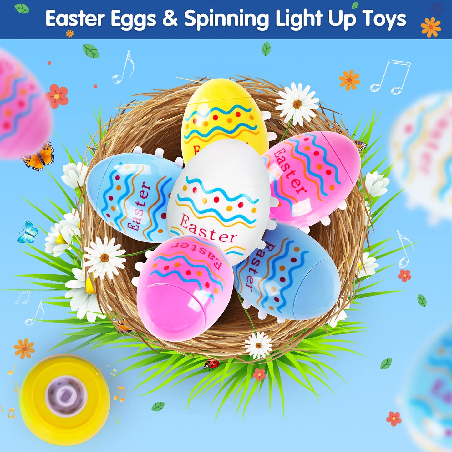 Vatos Easter Toys Eggs For Kids - 6 Pack Lighting & Spining & Singing Plastic Colorful Easter Toys Egss, Easter Basket Stuffers Party Favors Easter Toys Gifts For Kids 3+ Boys Girls