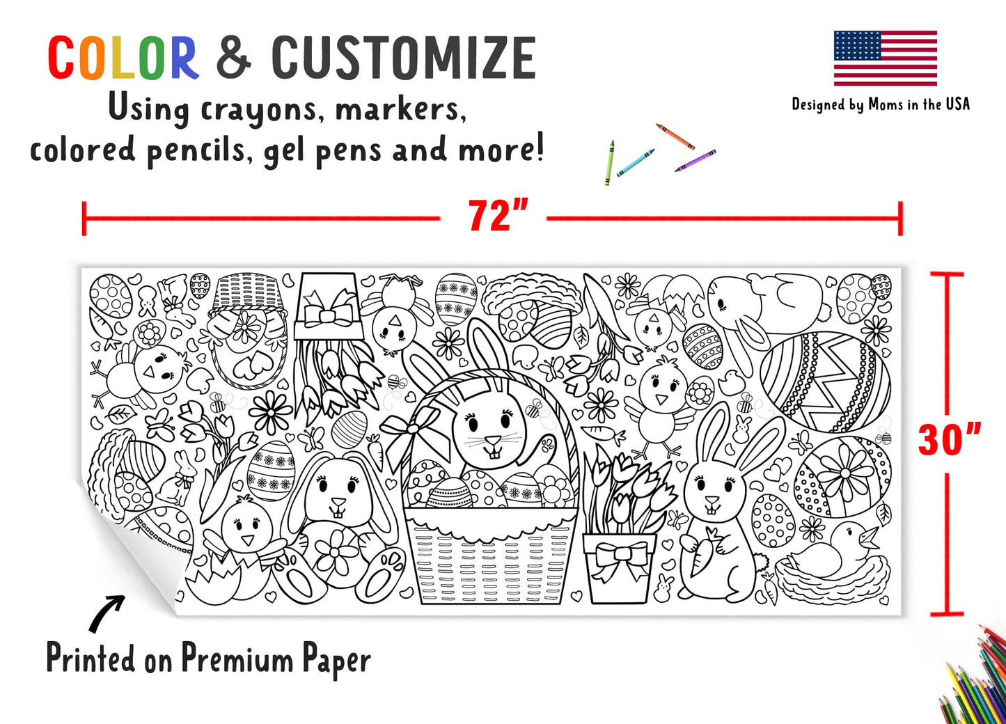 Tiny Expressions Easter Coloring Tablecloth For Kids - Rolled, No Creases 30' X 72' Giant Coloring Poster To Color On - Kids Easter Activities