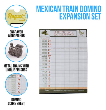 Regal Games Mexican Train Domino Expansion Set - 8 Metal Marker Trains With Unique Finishes - Replacement Wooden Hub - Scoreshee