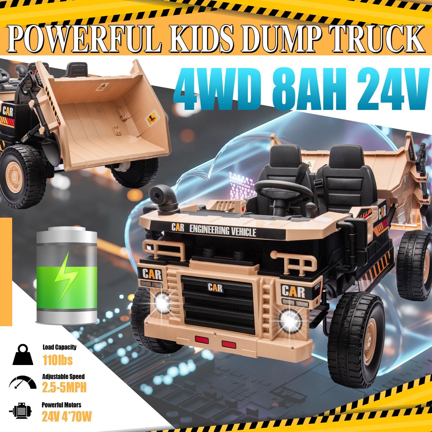 Ride On Dump Truck 24V, 4Wd Kids Car With Remote Control, Electric Dump Bed And Shovel, Ride On Construction Vehicles 4X70W Powe