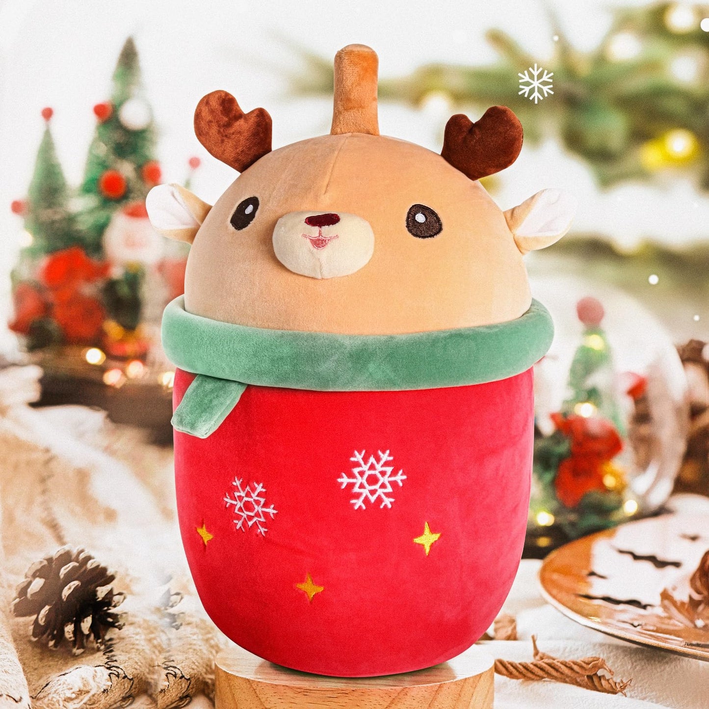 MMguai 14 inch Cute Christmas Deer with Green Scarf,Boba Bubble Tea Plush Soft Pillow Plushies,Large Deer Milk Tea Stuffed Anima