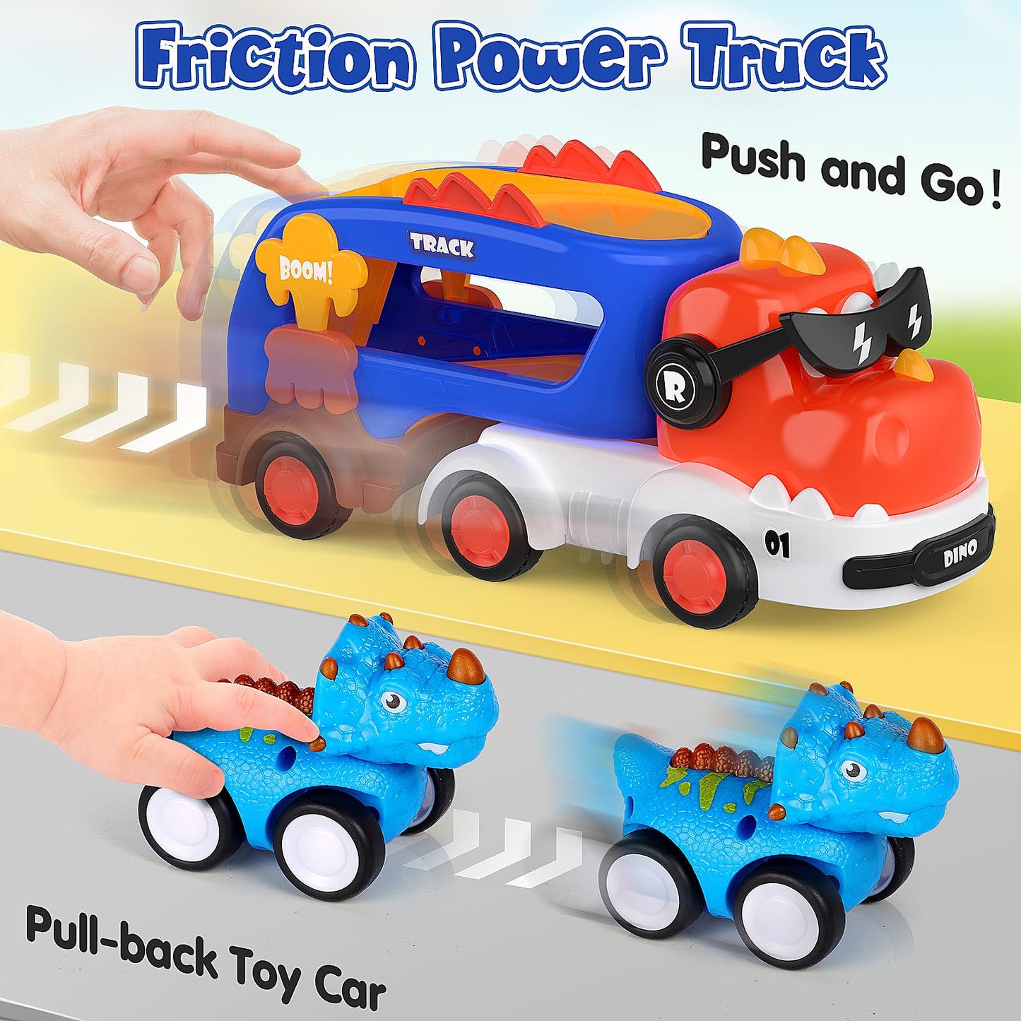 Funmission 5-In-1 Dinosaur Toys For Kids 3-5, Dinosaur Truck With 4 Pack Small Pull Back Dino Car, Dinosaur Cars Set, Birthday,