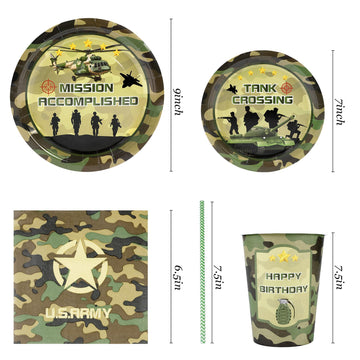 Army Birthday Party Supplies Decorations, Camo Theme Birthday Paper Plates And Napkins Set With Cups And Straws For 24 Guests, 1