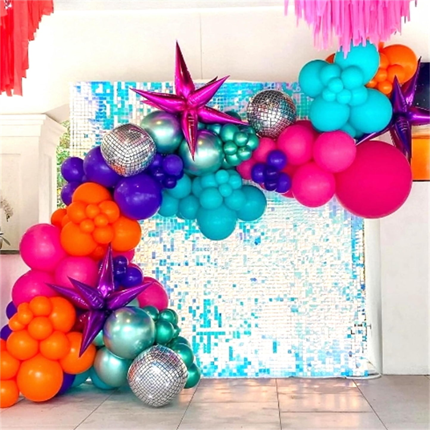Disco Balloon Arch, 125 Pcs 80S Balloon Arch Kit Mit Hot Pink And Purple Teal Orange Metallic Green Balloons, 22 Inch Disco Ball