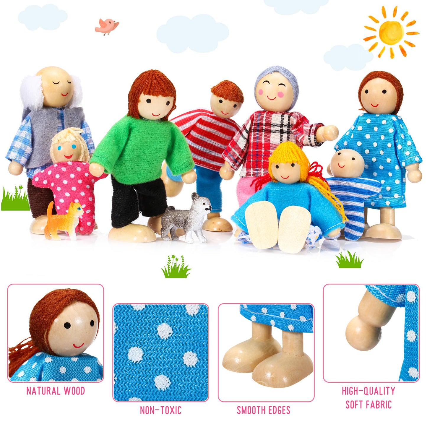 Skylety 10 Pcs Wooden Dollhouse Set Of Mini People Figures Dollhouse Dolls Wooden Doll Pretend Play Figures Accessories(Pretty Style)