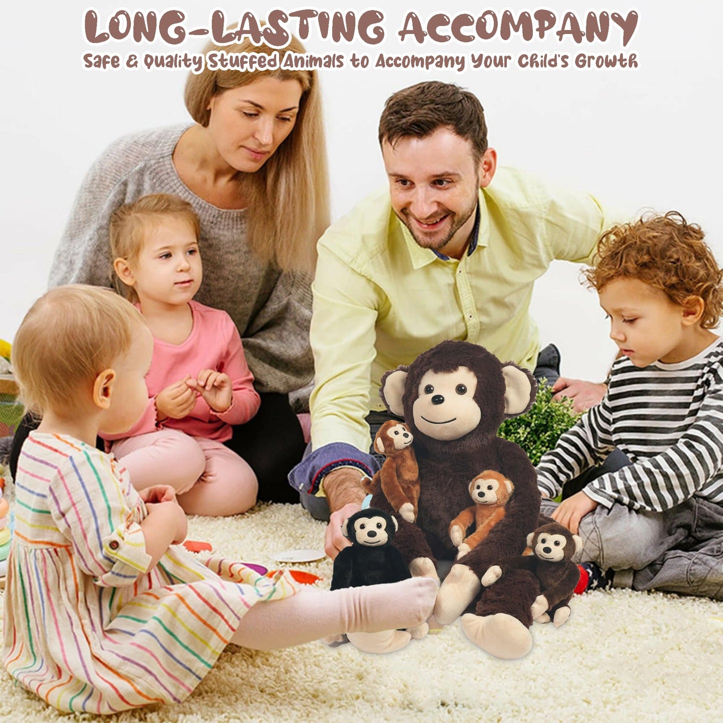 XYHQYB Monkey Stuffed Animals Set, 5 Plush Monkeys in Zippered Pouch, Brown, Nurturing Gifts for Boys and Girls, Model QYB-007