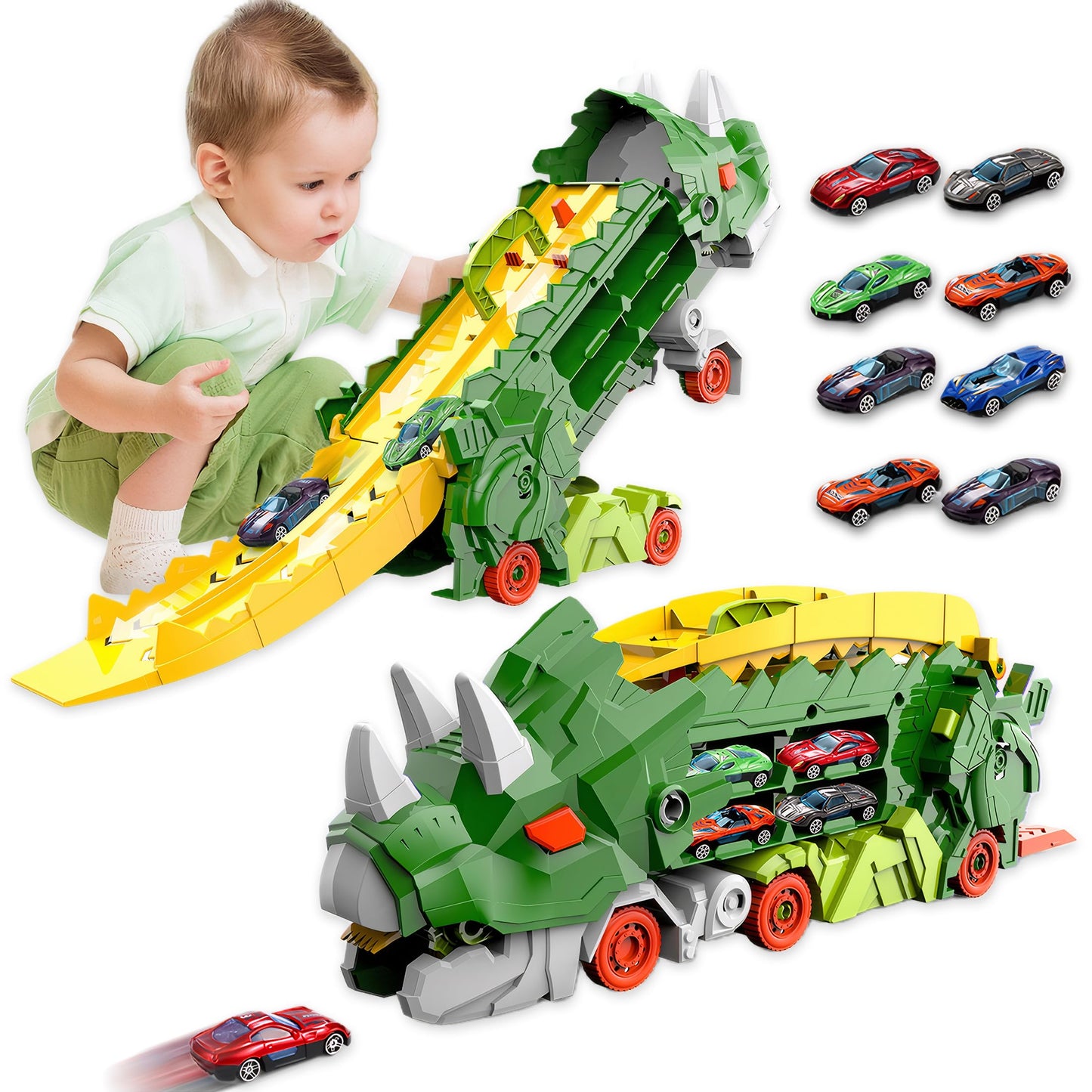 Hacocola Dinosaur Transporter Truck Foldable Sliding Race Track Toy With 8 Toy Cars For Kids Age 3 4 5 6 7 8 (Green)