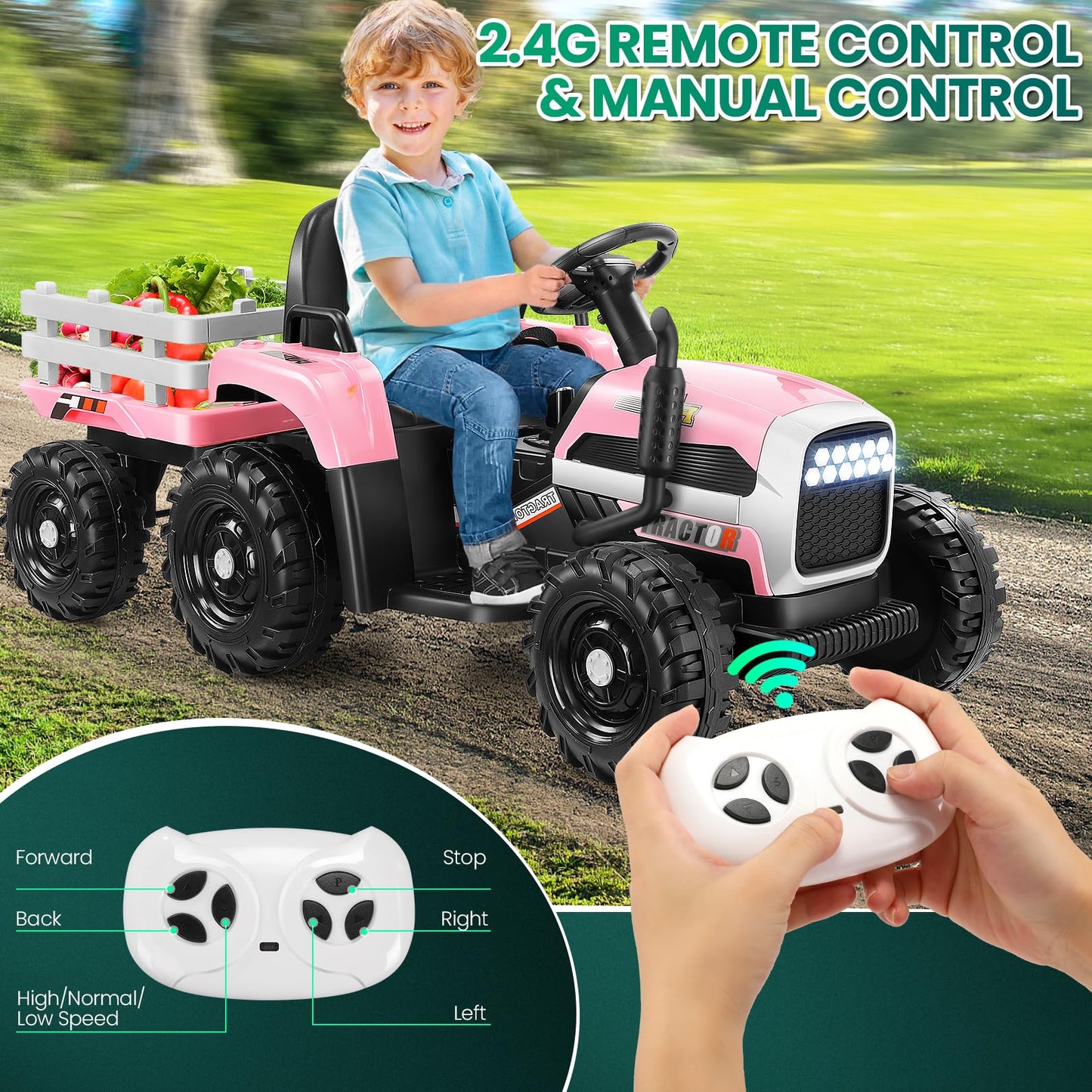 Hikole Ride on Tractor with Trailer, Kids Electric Tractor with Remote Control, Detachable Trailer, 11-LED Headlights, 30W Dual