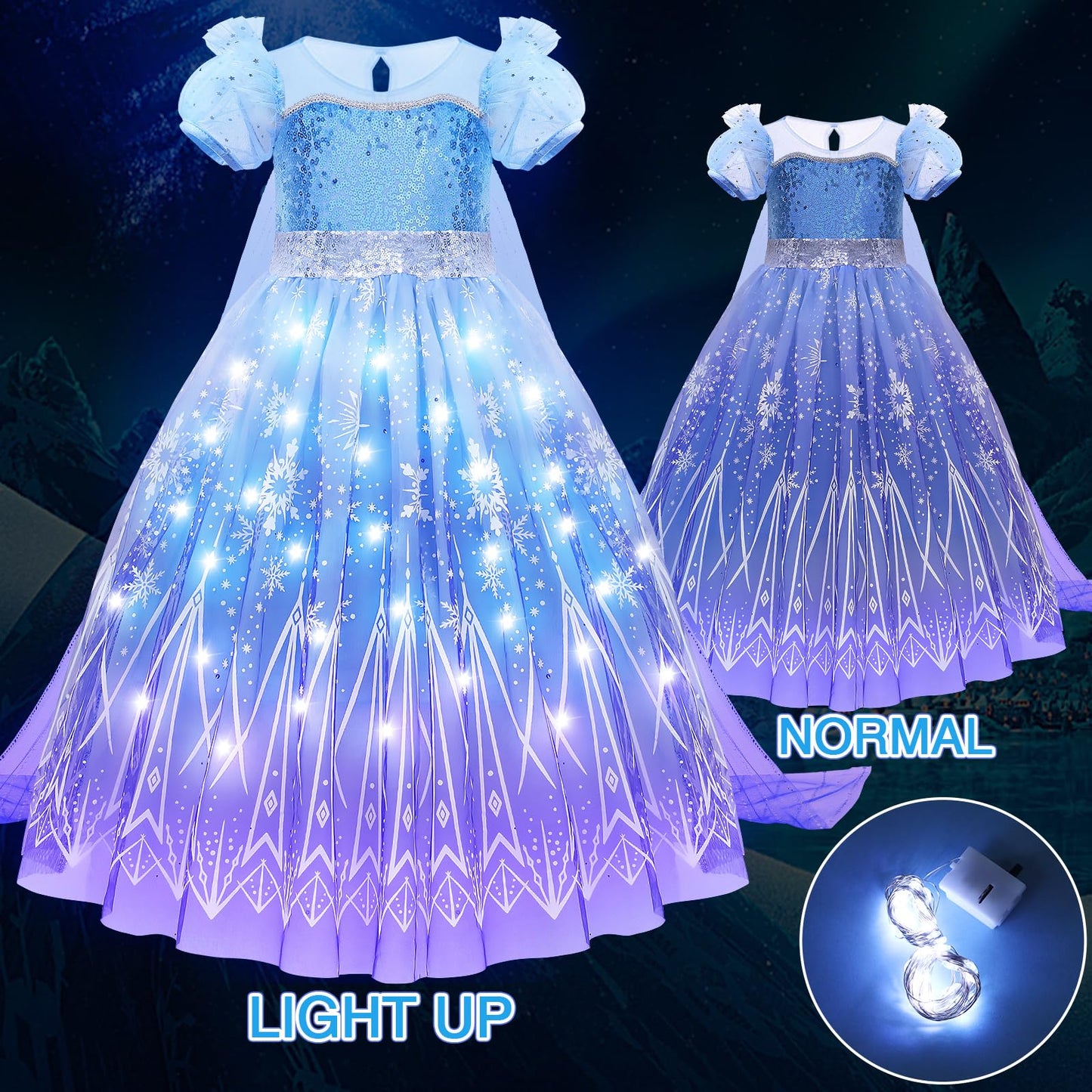G.C Girls Light Up Elsa Costume Dress Princess Dress Up Clothes With Cape Toddler Kids Wig Crown Halloween Cosplay