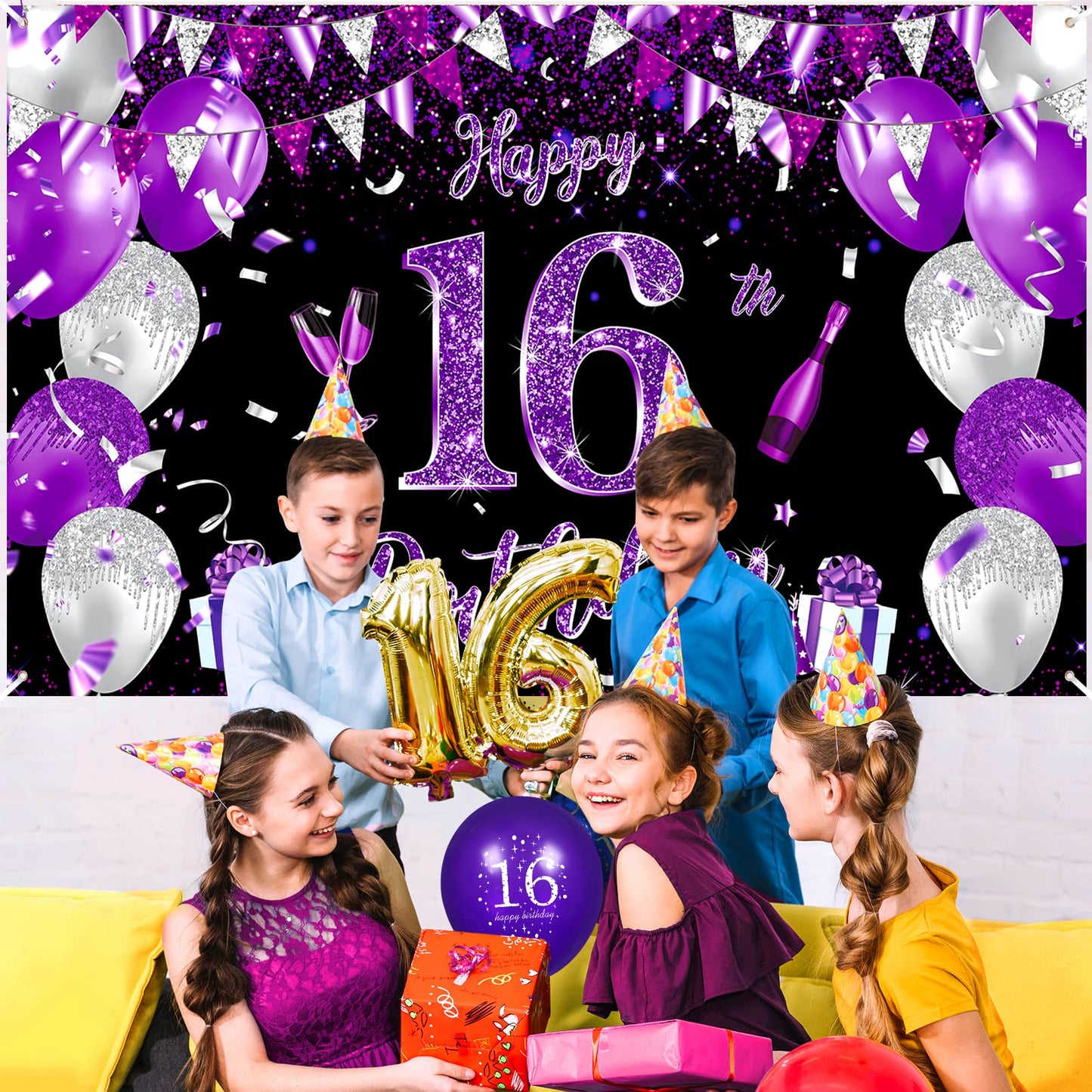 Purple 16Th Birthday Decoration Banner For Girls Large Black Purple Silver Happy 16Th Birthday Banner Purple And Black 16Th Background For 16Th Birthday Anniversary Party Supplies