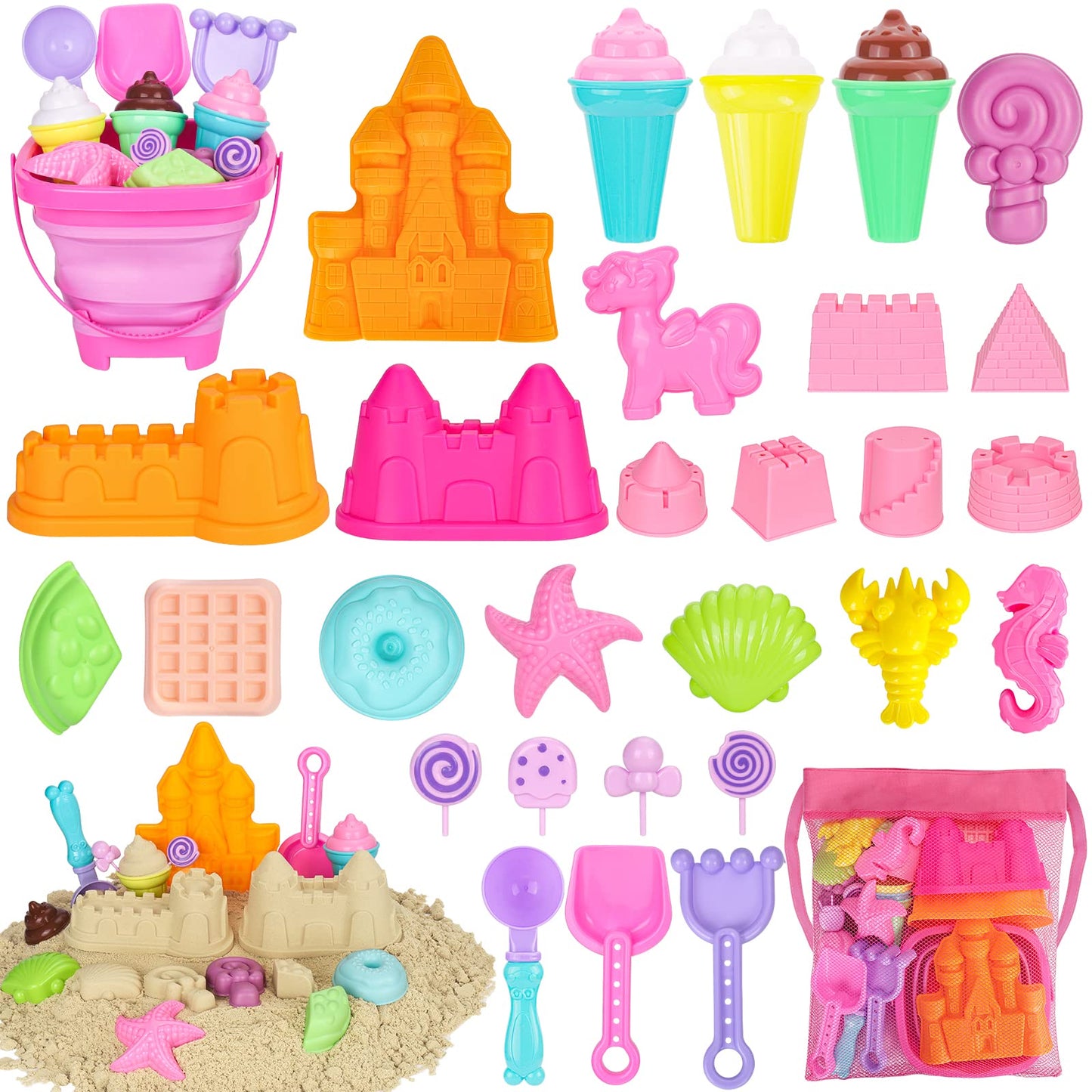 HUUIDY Beach Toys, 30Pcs Ice Cream Sand Toys, Sandbox Toys with Collapsible Sand Bucket and Sand Castle Kit, Cake, Lollipop, Sea