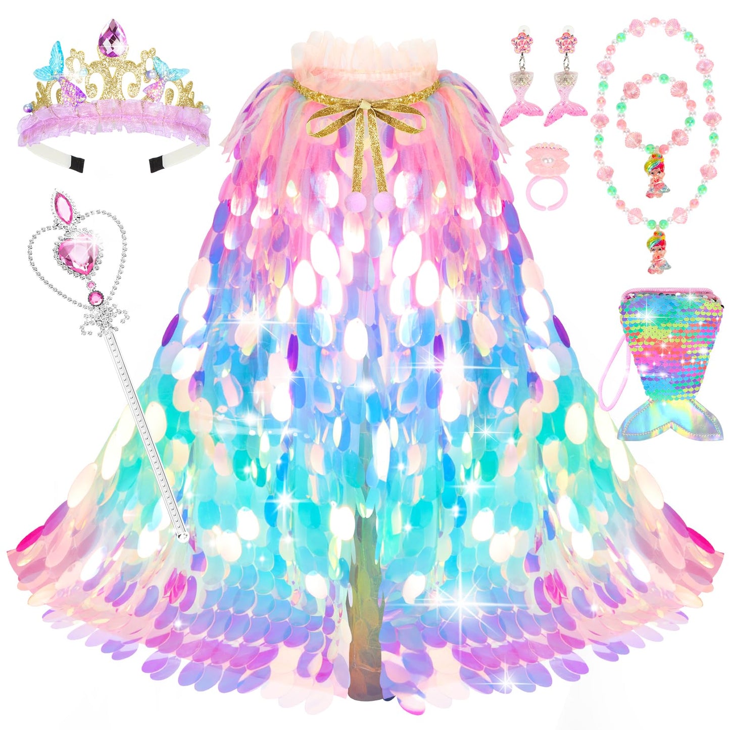 Princess Dress Up Toys Princess Dress Up Clothes Rainbow Mermaid Cape Kit 9 Pcs Gift Set For Little Girls 3-8 Years Old, Great G