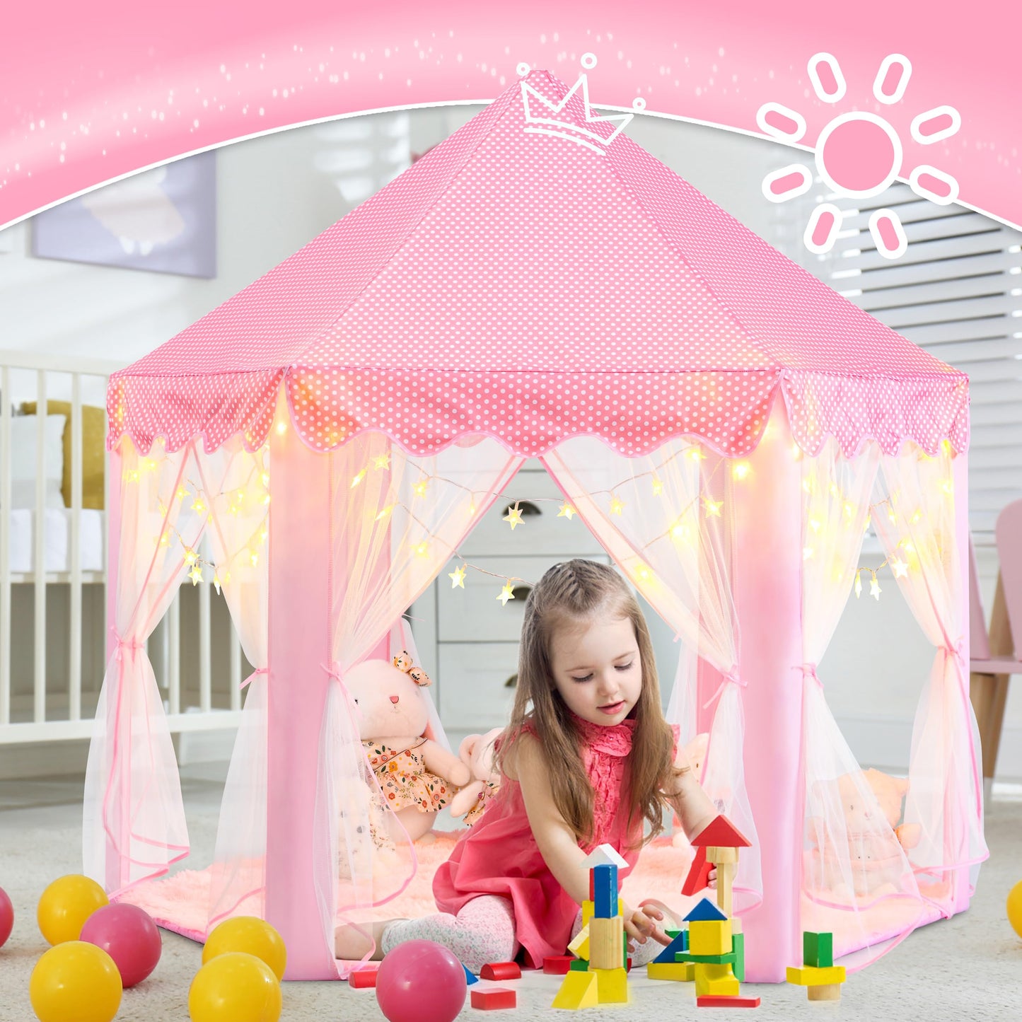 Evoionos Princess Tent With Lights And Rug, Play Tent For Girls, Kids Tent Indoor And Mat, Princess Castle Playhouse Tent For Gi