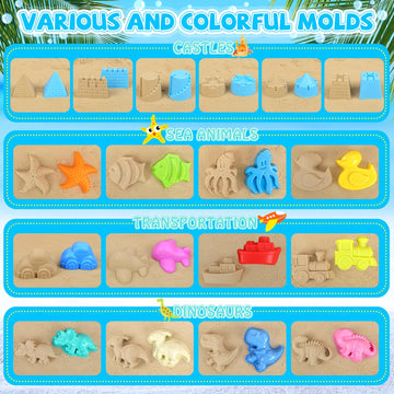 FHOZGECY Beach Toys, 35Pcs Sand Toys, Sandbox Toys with 3 Truck 3 Collapsible Beach Bucket, Sand Castle Toys Kit, Animal Dinosau