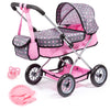 Bayer 18" Doll's Pram Set - Grey & Pink, Includes Travel Bed, Blanket, Feeding Set, Model 12266AB