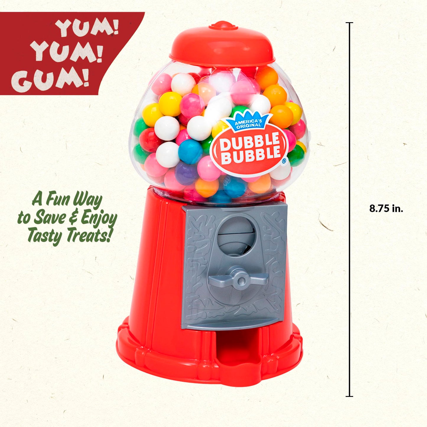 Schylling Brand Classic Retro Gumball Coin Bank - 8.5' Tall - Includes 45 Dubble Bubble Gumballs - Ages 3+