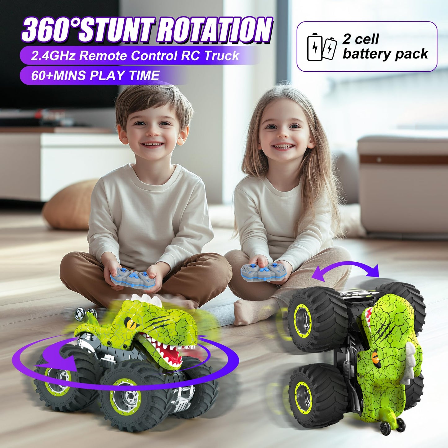 Dinosaur Remote Control Car for Kids, 2.4GHz 360 Rotating RC Monster Truck Toys for Boys Girls Age 4-7 with Spray, Light & Sound