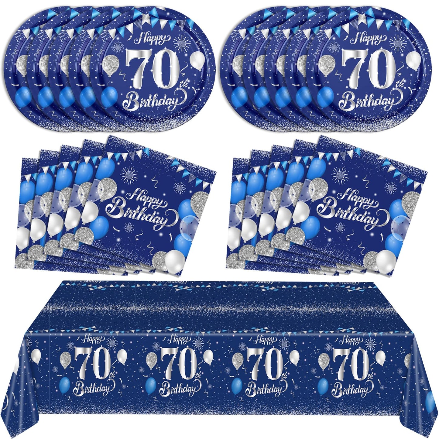 Blue 70Th Birthday Decorations For Men Navy Blue Silver Happy 70Th Birthday Tableware Set Include Happy 70Th Birthday Plates Nap