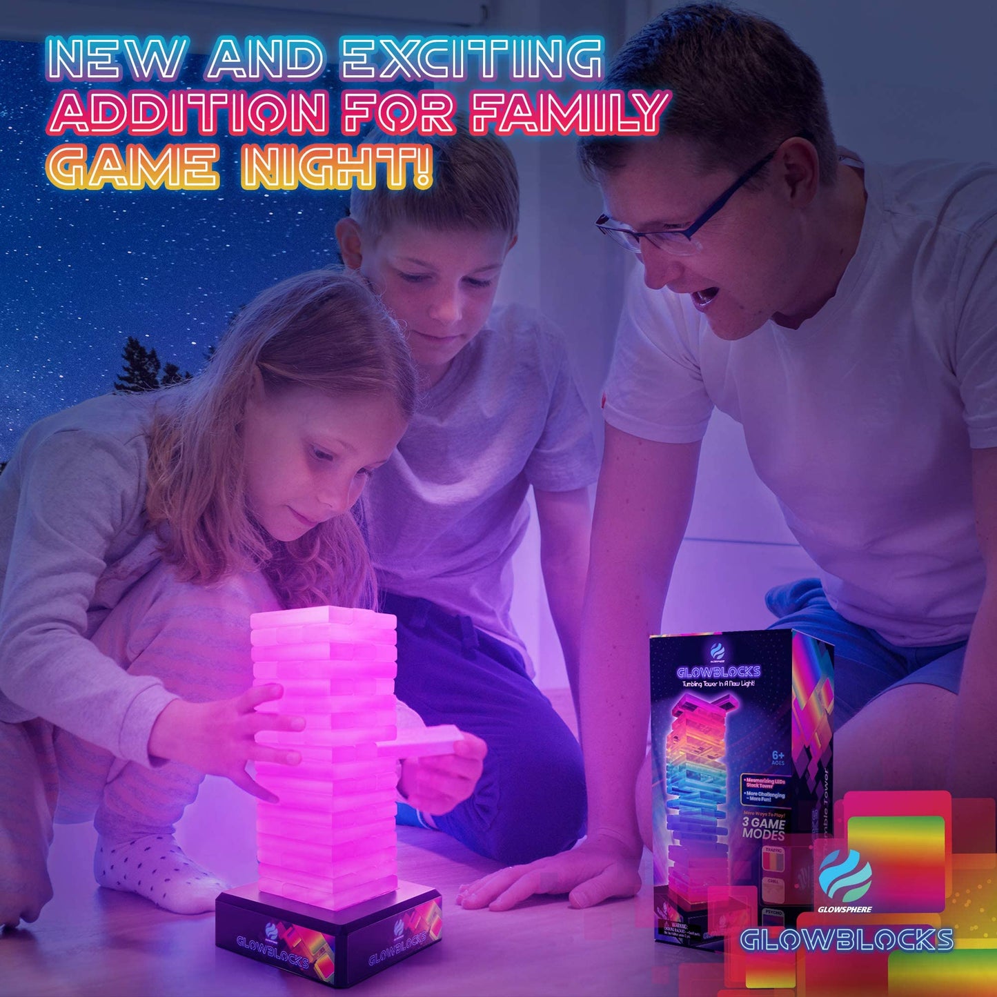 Glowblocks LED Tumbling Tower Game by Glowsphere - Colorful Stacking Game for Kids & Adults - Fun Indoor Family Game Night Activity