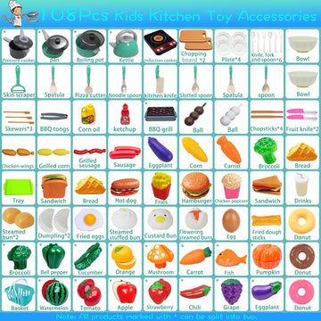 Lpluziyyds 108Pcs Kids Kitchen Toy Accessories, Toddler Pretend BBQ Camping Cooking Playset, Utensils Cookware Toys, Play Food S