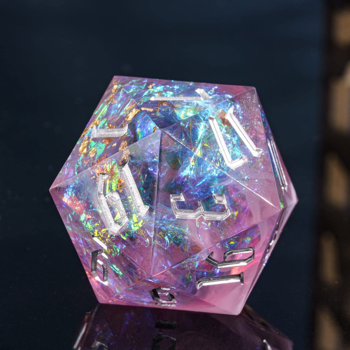 Cusdie 33MM D20 DND Dice with Sharp Edges and Glitter Foil Inclusions, Single 20 Sided D&D Dice, for Role Playing Game Dungeons