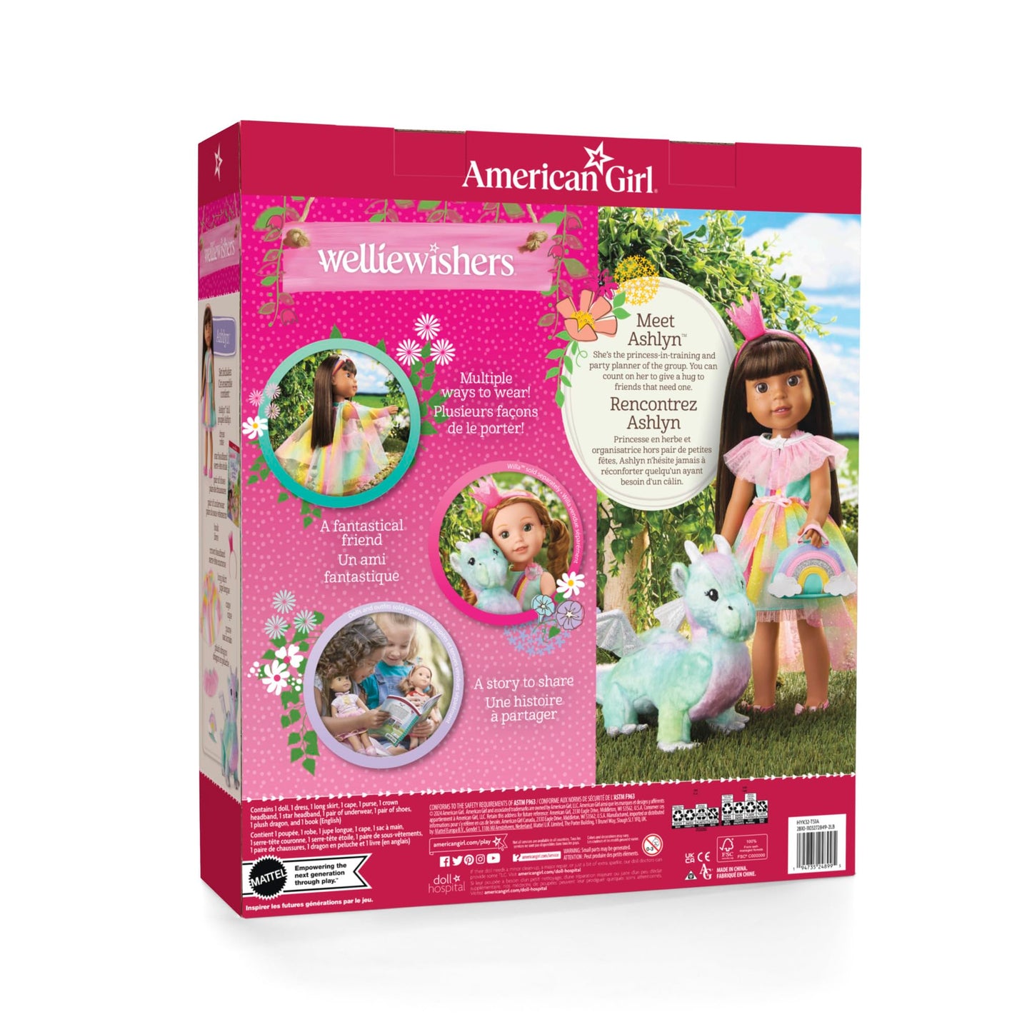 American Girl WellieWishers Ashlyn Doll Playset with Crisella Dragon, Dress & Accessories, 14.5-inch, Multicolor, Model HYK32